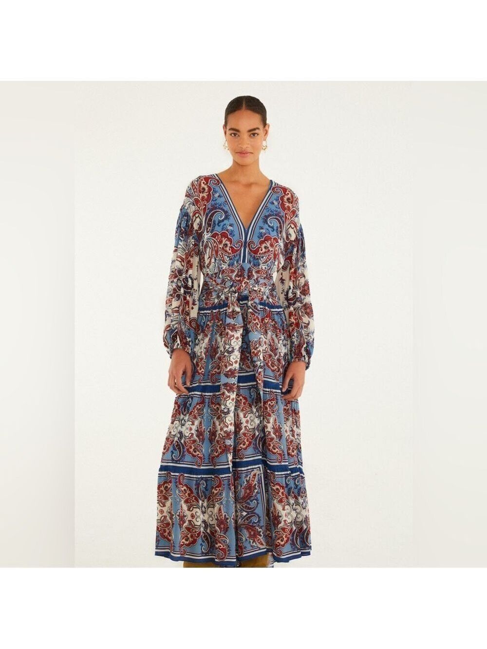 Farm Rio Blue Paisley Scarf Long Sleeve Maxi Dress - Picture 5 of 9